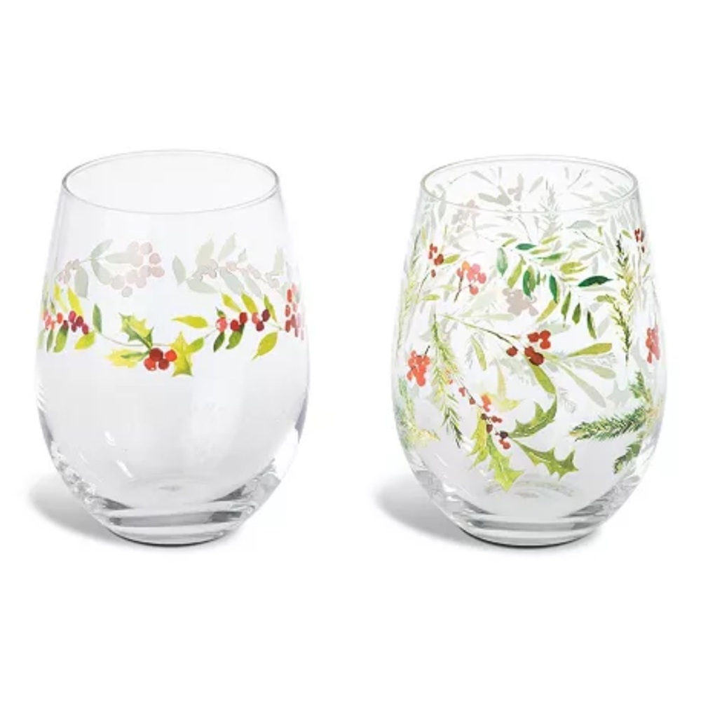 Thirstystone Stemless Wine Glasses with Holly Berries Set of 2